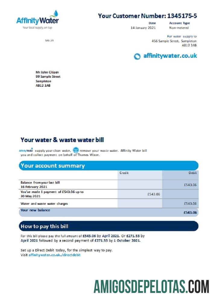 imprimível Modelo de conta de serviços públicos de água de afinidade do Reino Unido em formato Word e PDF